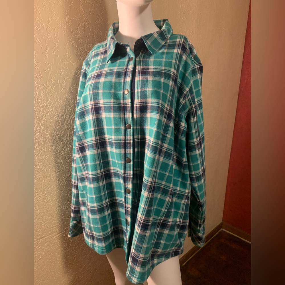 Orvis Teal sea glass plaid Button fleeced lined Shirt Jacket XXL